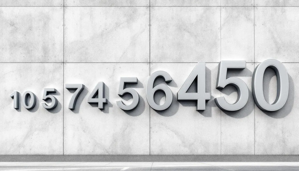 Na elewacji budynku przedstawiono różne rozmiary cyfr, które służą jako numery na dom, umożliwiając porównanie ich czytelności w różnych warunkach atmosferycznych. Wysokiej jakości tabliczki wykonane z aluminium podkreślają nowoczesny charakter oznakowania adresu.