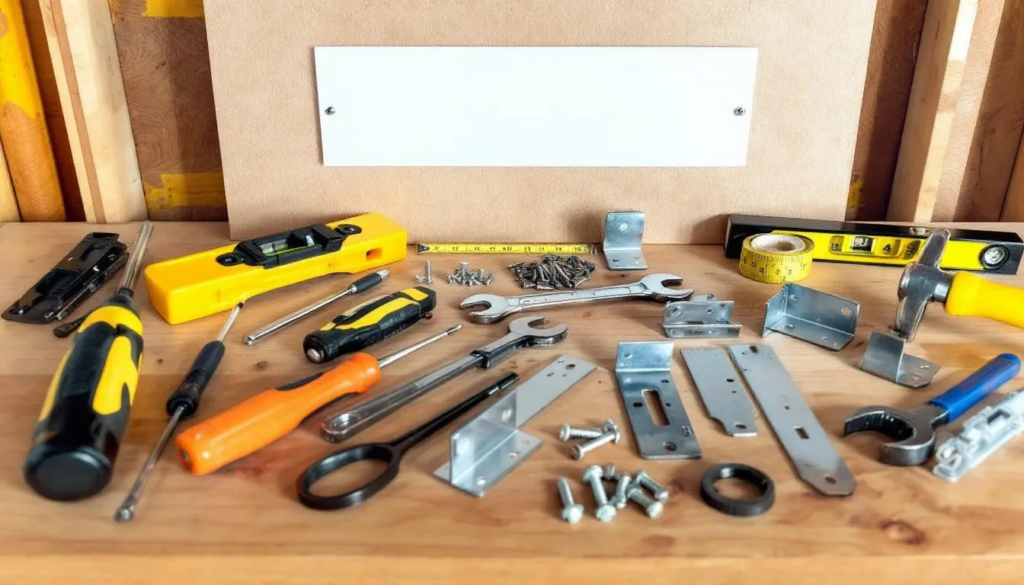 Na obrazku widać różne narzędzia i elementy montażowe potrzebne do instalacji nowoczesnych numerów na dom, w tym śrubokręty, wkręty oraz tabliczki adresowe. Narzędzia te są przygotowane do montażu na elewacji budynku, co zapewnia trwałość i odporność na warunki atmosferyczne.