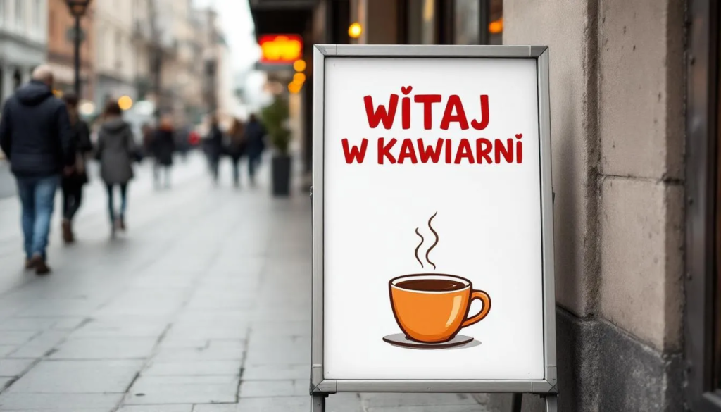 Na chodniku przed kawiarnią znajduje się potykacz reklamowy typu A, na którym prezentowane są informacje o ofercie lokalu. Tablica wykonana jest z wysokiej jakości materiałów, co zapewnia jej estetykę i czytelność.