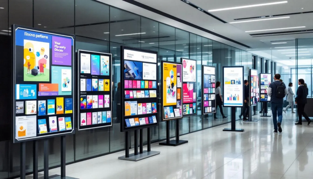 W holu biurowca znajduje się system wystawienniczy z różnymi stojakami na ulotki, które prezentują informacje o ofercie firmy. Wysokiej jakości tabliczki informacyjne i plakaty są starannie rozmieszczone, aby zapewnić przejrzystość i estetykę przestrzeni.