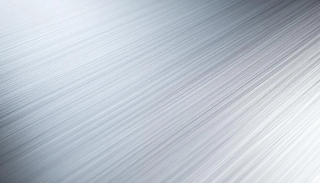 Zbliżenie na szczotkowaną powierzchnię aluminium, które jest często wykorzystywane do produkcji nowoczesnych numerów na dom. Materiał ten charakteryzuje się wysoką trwałością, co zapewnia odporność na korozję i warunki atmosferyczne, idealnie nadając się do oznakowania elewacji budynku.