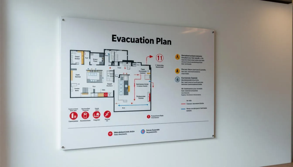 wielkoformatowa tablica z planem ewakuacji, która zawiera szczegółowe informacje o drogach ewakuacyjnych oraz miejscach zbiórki. Tablica ta, wykonana z wysokiej jakości materiałów, zapewnia czytelność i przejrzystość niezbędną dla bezpieczeństwa użytkowników budynku.