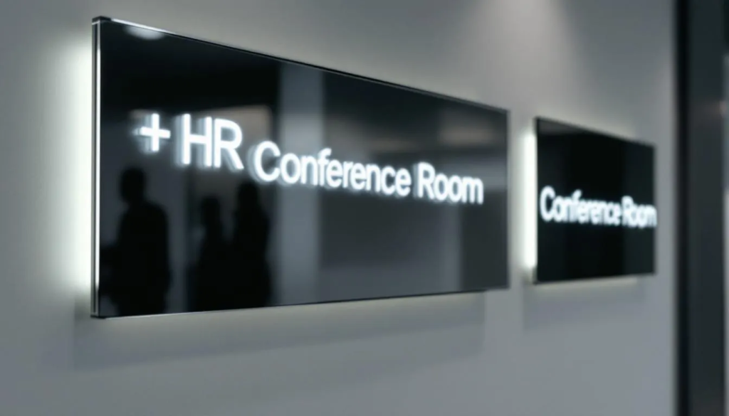 Nowoczesne tabliczki informacyjne z plexi, podświetlane LED, umieszczone na drzwiach biurowca, zapewniają wysoką jakość wykonania oraz czytelność. Oferują szeroki wybór modeli w różnych rozmiarach, idealnych do oznaczenia pomieszczeń i zwiększenia estetyki wnętrza.