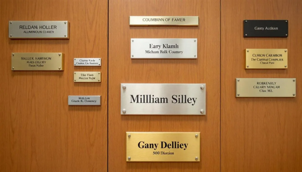 Na zdjęciu znajdują się różne rozmiary tabliczek informacyjnych zamontowanych na drzwiach, które oznaczają różne pomieszczenia w biurach i hotelach. Tabliczki charakteryzują się wysoką jakością wykonania oraz estetycznym wyglądem, co zapewnia ich trwałość i czytelność w każdym miejscu.