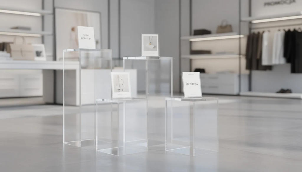Na zdjęciu widać eleganckie stojaki reklamowe wykonane z płyty plexi, które są umieszczone w nowoczesnym sklepie. Stojaki te, charakteryzujące się wszechstronnością i odpornością na niekorzystne warunki atmosferyczne, prezentują różne produkty w atrakcyjny sposób, wykorzystując właściwości szkła akrylowego.