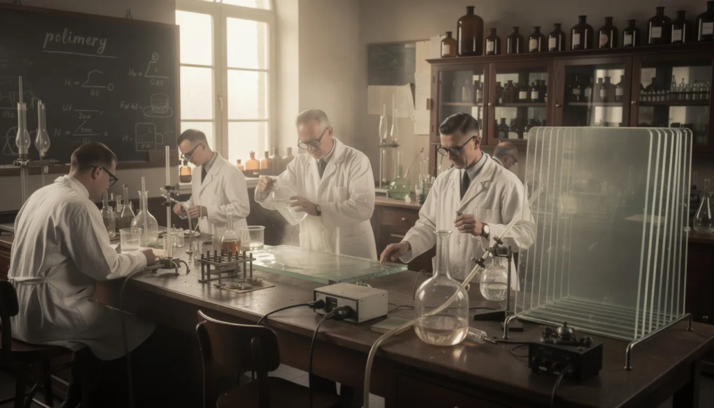 Na obrazie przedstawione jest laboratorium chemiczne z lat 30. XX wieku, w którym wynaleziono plexi. W tle widać różne urządzenia laboratoryjne oraz płyty plexi, które ilustrują wszechstronny materiał o szerokim zastosowaniu w różnych branżach.