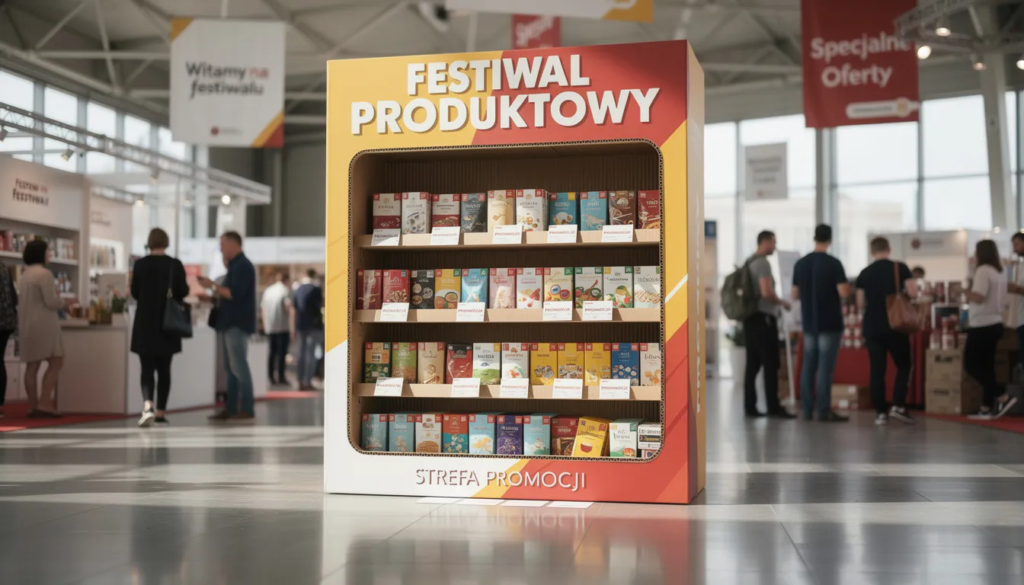 Na zdjęciu widoczny jest stand tekturowy na wydarzeniu promocyjnym, który przyciąga uwagę uczestników festiwalu produktowego. Standy reklamowe kartonowe są starannie wykonane, prezentując różnorodne treści reklamowe i eksponując ofertę w atrakcyjny sposób.