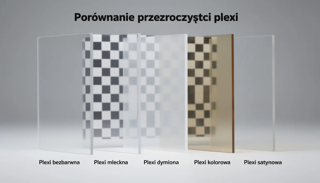 Na zdjęciu znajduje się porównanie przezroczystości różnych rodzajów plexi, w tym płyty pleksi i szkło akrylowe, ukazujące ich właściwości oraz różnice w wyglądzie. Różne grubości i kolory materiału są zestawione obok siebie, co pozwala na łatwe zauważenie ich wszechstronnych zastosowań w różnych branżach.