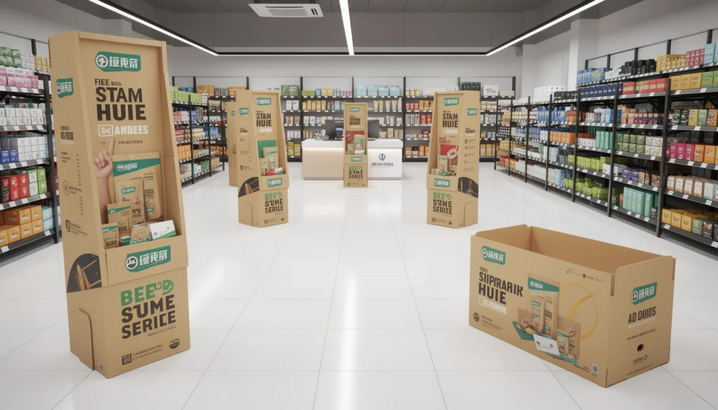 Na obrazie widoczne są różnorodne standy tekturowe w sklepie, które przyciągają uwagę klientów swoją starannie wykonaną formą i kolorystyką. Ekspozytory reklamowe z kartonu prezentują różne produkty, tworząc atrakcyjną przestrzeń do zakupów.