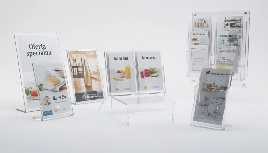 Na zdjęciu znajdują się różnorodne stojaki reklamowe wykonane z plexi w różnych kształtach, które ilustrują wszechstronne zastosowanie tego materiału w branży reklamowej. Stojaki prezentują płyty plexi w różnych kolorach i wymiarach, podkreślając ich właściwości oraz odporność na niekorzystne warunki atmosferyczne.